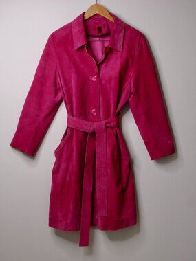 Danier Pink Suede Leather Long Coat Button Front With Tie Belt Size Large
